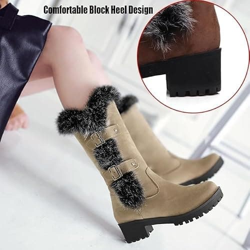 Women's Suede Mid-Calf Snow Boots Warm Womens Boots Fleece Furry Leather Non-slip Snow Fur Lined Insulated Boot thumbnail 4