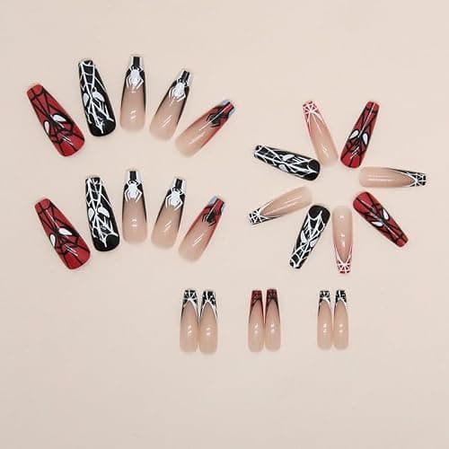 VEBONNY Long Ballet Nail Halloween SpiderMan Sweet Cool,Red and Black Cobwebs French Tips Press on Nail,Nude Pink Coffin Shaped Acrylic Stick on Fake Nails VEBONNY LT194 thumbnail 2