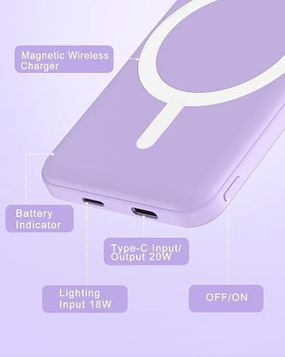 podoru for Magsafe Battery Pack, 5000mAh Magnetic Power Bank with Type-C Cable 20W PD Fast Charging Lighting Input Wireless Portable Charger for iPhone iPhone 17/16/15/14/13/12/ All Series-Purple thumbnail 5