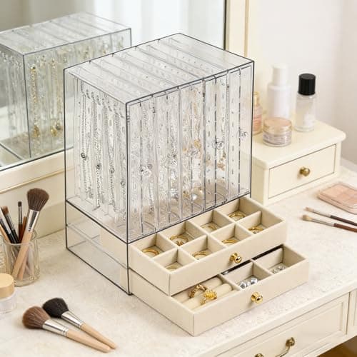 Greenfeather Jewelry Organizers and Storage, Clear Acrylic Jewelry Box with 40 Necklace Hooks 120 Pairs of Earring Holes 2 Velvet-Lined Drawers for Rings Necklaces Earrings - Image 1