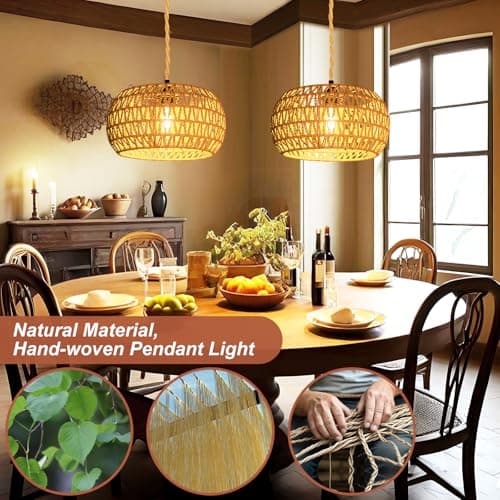 Eqquorva Hanging Lights with Plug in Cord Rattan Hanging Lamp Boho Ceiling Light Fixtures Farmhouse Pendant Lamp Shape for Living Room Bedroom Kitchen thumbnail 2
