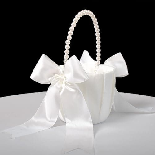 ATAILOVE Flower Girl Basket and Pearl Handle for Weddings - Cute Cherish Fairy Flower Baskets (Ivory) - Image 1