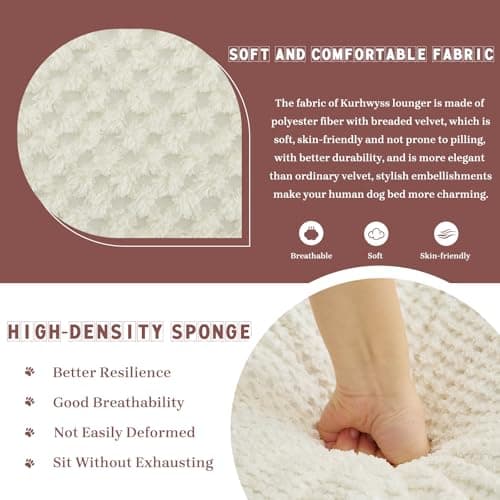 Upholstered Human Dog Bed for Adult & Pets, Convertible Lazy Sofa Bed with 5 Adjustable Position, Comfy Tatami Bean Bag Lounge Chair with 2 Soft Pillows for Bedroom Living Room Office (Ivory) thumbnail 3