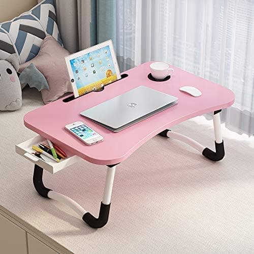 Lap Desk with Storage Drawer, Holders for Cup and Tablet, Tray Table with Foldable Legs, Laptop Bed Stand, Portable Standing Table for Sofa Couch Floor (23.6", Pink) thumbnail 2