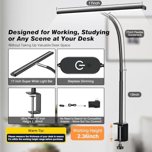 Airlonv LED Desk Lamp for Office Home, Eye-Caring Desk Light with Stepless Dimming Adjustable Flexible Gooseneck, 10W USB Adapter Desk Lamp with Clamp for Reading, Study, Workbench (Black) thumbnail 3