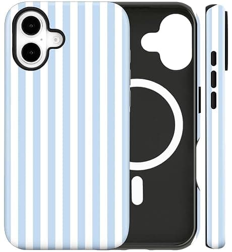 flewfun Magnetic for iPhone 16 Plus Case Cute Stripes Phone Case, Shockproof Slim TPU and Hard PC Protective Phone Cover Compatible with MagSafe Designed for Women Girls, Blue and White - Image 1