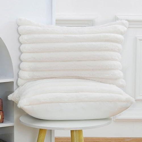 Madizz Lot de 2 Housses de Coussin en Peluche en Fausse Fourrure Housse de Coussin décorative Douce à Rayures moelleuses pour Coussin de Chambre à Coucher de canapé Blanc crème 30 x 50 cm thumbnail 3