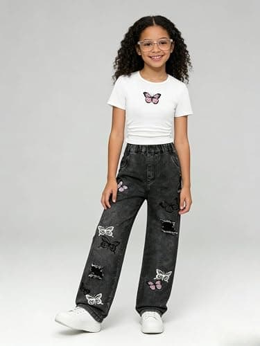 Azmxynol Tween Girl Clothes Short Sleeve Top + Butterfly Design Jeans 2 Pieces Spring Summer Outfit Set, Size 6-14 Years thumbnail 2