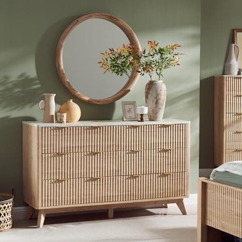 T4TREAM Fluted 6 Drawers Dresser, 54" Wide Modern Chest of Drawers with Faux Marble Top, Curved Profile Design, Dresser TV Stand, Wood Drawer Organizer for Bedroom, Living Room, Hallway, Natural Oak thumbnail 3