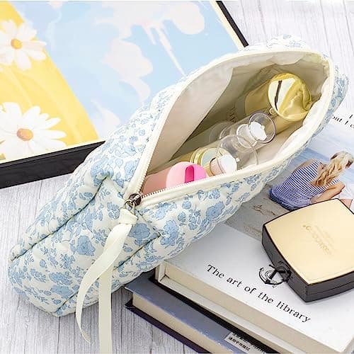 Cotton Makeup Bag for Women Large Quilted Travel Cosmetic Pouch Girls' Make Up Organizer,Little Flower Blue thumbnail 2