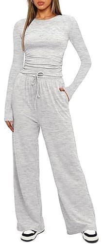 OLIPHEE Ensemble Femme 2 Pièces Haut Manches Longues et Pantalon Fluide Jambe Large Ensemble Chic et Elegant Survêtement Femme Combinaison Outfit Yoga Fitness Jogging thumbnail 4