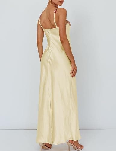 Sexy Satin Spaghetti Strap Floral Embroidered Maxi Dress for Women Sweetheart Neckline Backless Sleeveless Slit Midi Dress thumbnail 4