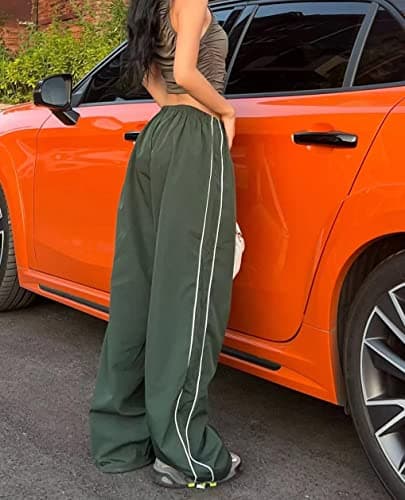 XPONNI Women's Y2K Track Pants - Baggy Parachute Pants (Dark Green, M, Medium) thumbnail 6