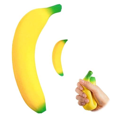 2Pcs Banana Squishy, Soft PU Foam Squeeze Fidget Set with Big & Mini Bananas, Fake Fruit Squishies for Stress Relief, Cute Novelty Gift for Adults Office Home Decor - Image 1