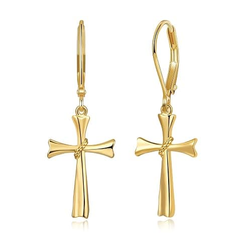FSLEAD 14K Gold Earring Cross Waterdrop Butterfly Heart Knot Earrings for Women Gold Silver Cross Leverback Drop Gold Silver Teardrop Hoop Dangle Earring White Gold Dangle Drop Earring - Image 1