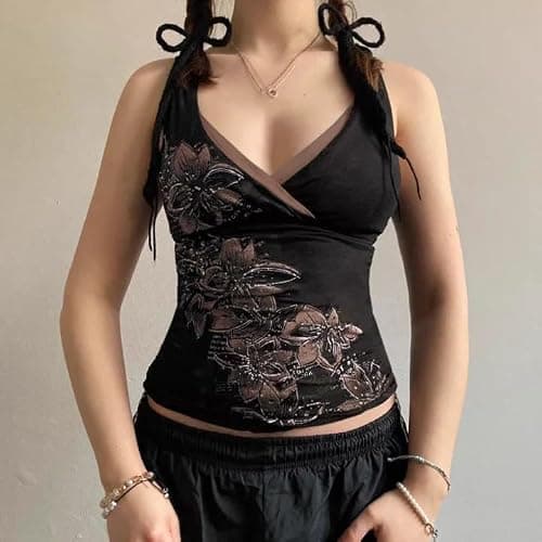 Womens Y2K Emo Grunge Tank Top Graphic Vintage Print Mini Gothic Sexy Camis | Vintage floral print design;Mini thin spaghetti strap cami;Slim cut for sexy retro vibe;Versatile for solo wear or layering thumbnail 2