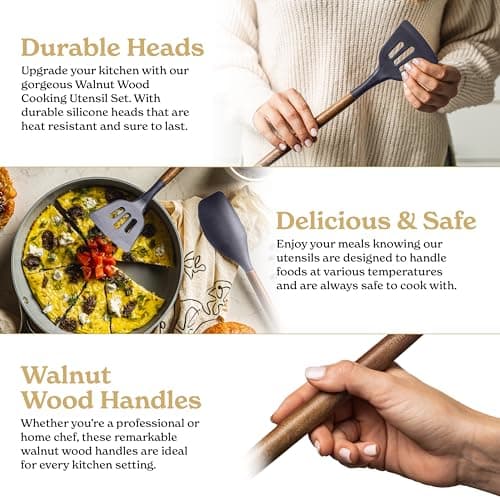 Silicone Kitchen Utensils Set & Holder for New Home & 1st Apartment Kitchen Essentials Set - Spatula, Cooking Spoons for Nonstick Cookware - 22 Piece Set - Gray thumbnail 3