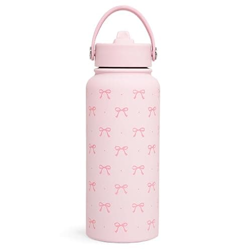SANDJEST Pink Bow Water Bottle Stainless Steel Insulated Vacuum 32oz with Lid, Gifts for Women Girls Teens Birthday Christmas - Image 1