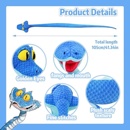 41-Inch Poseable Blue Snake Plush, Bendable Cartoon Stuffed Snake, Soft Plush Body for Room Decor, Fan Collection & Animal Lovers thumbnail 3