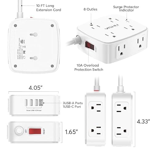 10 Ft Surge Protector Power Strip - YISHU 3 Side Outlet Extender with 8 Widely AC Outlets and 4 USB Ports, 10 Feet Extension Cord with Flat Plug, Wall Mount Desk USB Charging Station, ETL,White thumbnail 7