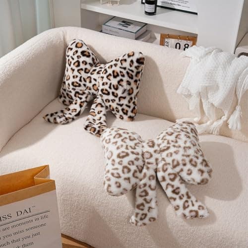 UNWAAT Cute Leopard Print Bow Throw Pillow Furry Bow Plush Pillows Plush Shaggy Cheetah Pillow Home Decor for Bed Couch Living Room Decor thumbnail 4