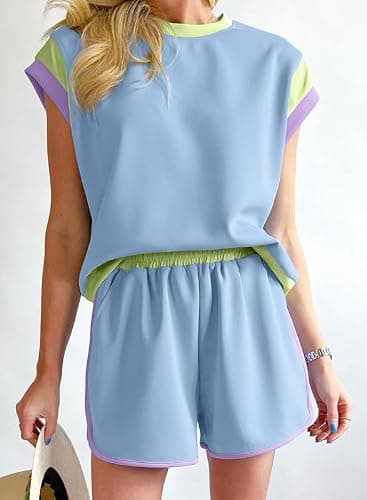 SHEWIN Women 2026 Color Block 2 Piece Short Sets Workout Tracksuit with Pockets Trendy thumbnail 3