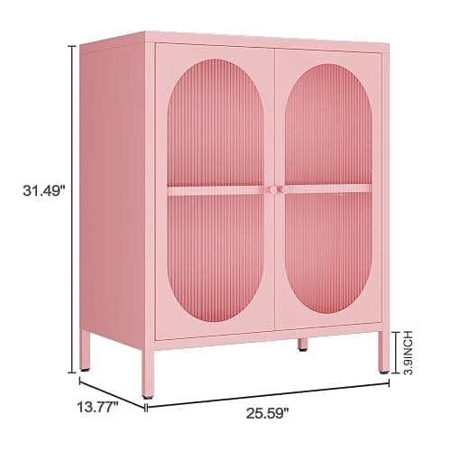 LYMOUYEE 2 Translucent Door Metal Accent Storage Cabinet for Home, Living Room, Office Room,Kitchen-Metal Locker Cabinet with 1 Adjustable Shelves-2-Tier (Pink) thumbnail 3