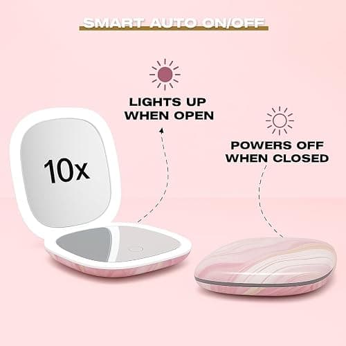 NJ GLAM Lighted Makeup Compact Mirror, 3.9 Inch – 1x/10x Magnification Portable, LED – Auto Light On/Off - USB Charging, (Blush Marble) thumbnail 6