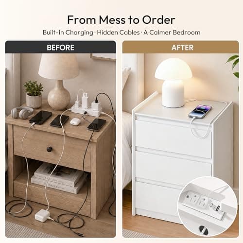 FurniXpress 24" Tall Nightstand with Charging Station Including USB-C, Modern Bedside Table and Sofa End Table - White, 3 Drawers, 1-Pack thumbnail 8