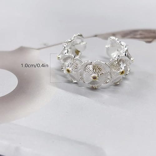 Dtja Textured Flower 925 Sterling Silver Adjustable Statement Ring for Women Vintage Jasmine Floral Expandable Open Wrap Finger Rings Comfort Fit Wedding Holiday Jewelry thumbnail 6