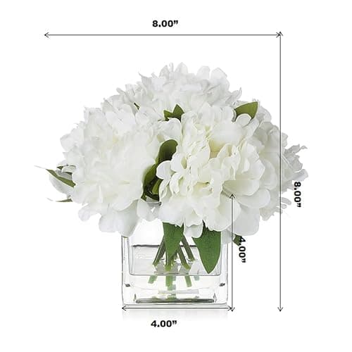 ENOVA FLORAL 7 Heads Peonies Artificial Flowers in Vase, Small Fake Silk Flowers with Vase, Artificial Floral Arrangements with Vase for Dining Table (White) thumbnail 3