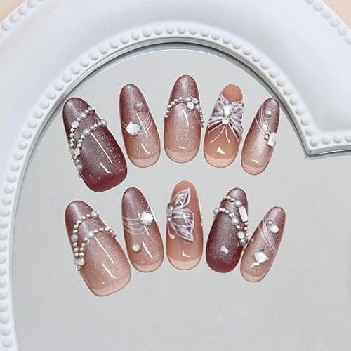 QQPPOLIU Medium Press on Nails Almond Fake Nails with Design Fall Glue on Nails for Women and Girls Pattern 15 thumbnail 3