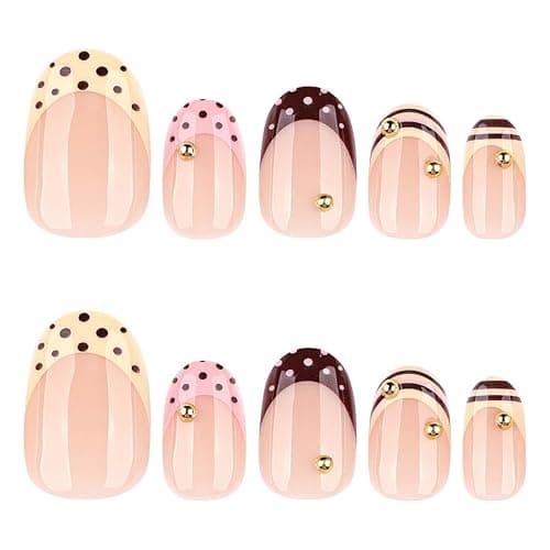 Foccna Polka Dots Press on Nails Brown French Short Fake Nails Oval Acrylic False Nails,Artificial Nails for Women 24pcs thumbnail 4