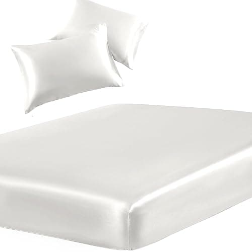 SiinvdaBZX 3-Piece Set Satin Twin Fitted Sheet & 2 Pillowcase, Ivory White Silky Soft Fitted Bottom Sheet, Wrinkle Free, Fade Resistant, Deep Pocket Bed Sheet (Deep Up to 15") - Twin - Ivory White - Image 1