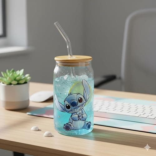 Silver Buffalo Disney Lilo and Stitch Sitting Glass Jar Tumbler with Bamboo Lid and Glass Straw, 16 Ounces thumbnail 2