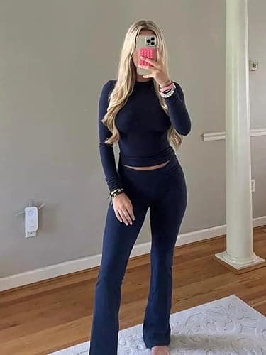 AYWA Women's 2 Piece Outfits Foldover Flare Pants Long Sleeve Crew Neck T-shirt Fitted Pajama Sets thumbnail 3