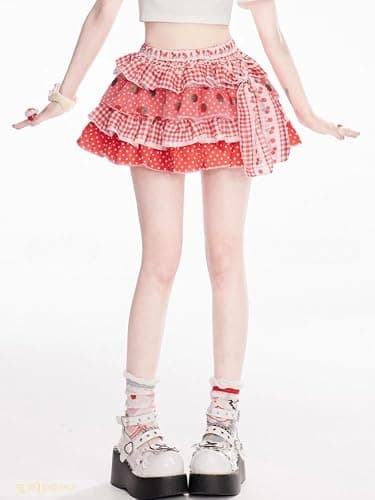 Xojbzoo Women's Lolita Mini Skirt Sweet Y2K Floral Print with Ruffles & Bow Chiffon Pink Cake Skirt thumbnail 2