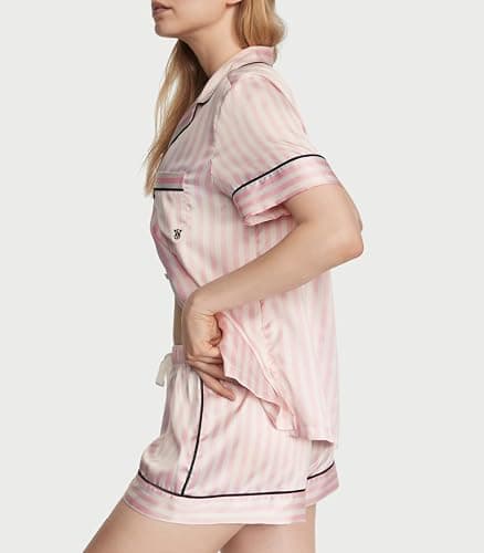 Victoria's Secret Satin Pajama Set, Short Sleeve Button Down Shirt & Shorts, Sleepwear for Women (XS-XXL) - X-Large - Pink Iconic Stripe thumbnail 2