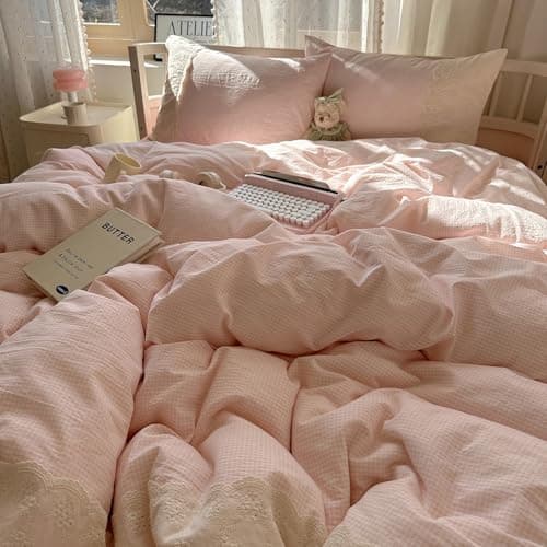 LifeTB Pink Gingham Comforter Set Full Size Soft Fluffy Romantic Lace Bedding Set Cottagecore Cute Plaid Checkered Comforter Set 3 Pieces Pink Grid Farmhouse Bedding Comforter with 2 Pillowcases thumbnail 3