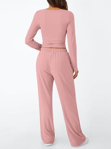 Trendy Queen Women's 2 Piece Matching Lounge Set Long Sleeve Slightly Crop Top Wide Leg Pants Casual Sweatsuit thumbnail 4