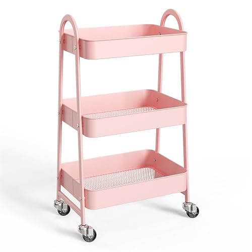 UOCFYK 3-Tier Metal Rolling Utility Cart, Small Rolling Cart Kitchen Trolley Bathroom Laundry Room Bar Office Shelves Storage Organizer Shelving Unit with Caster Wheels for Narrow Places, Pink - Image 1