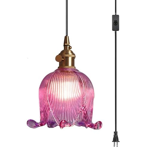 Qufute Hanging Swag Plug in Pendant Light Flower Shaped Purple Glass Plug Pendant Lamp with 15 ft Switch Cord Plug in Vintage Industrial Hanging Light for Kitchen Bedroom Background - Image 1