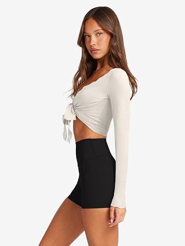 LASLULU Womens Tie Front Wrap Tops Long Sleeve Bolero Shrugs Crop Cardigan Yoga Ballet Cover up Tops Pilates Outfits thumbnail 2