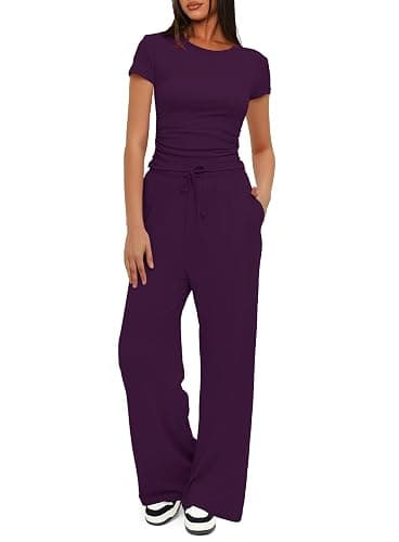 Darong Women's 2 Piece Set Outfits Lounge Sets Ruched Short Sleeve Tops High Waisted Wide Leg Pants Tracksuit Sets - Image 1