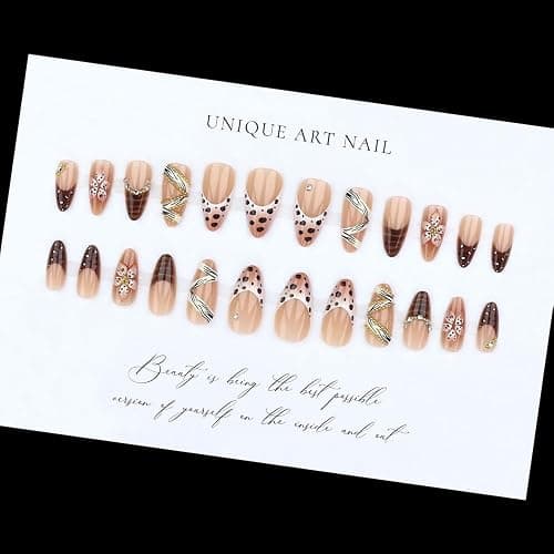 Leopard Prints French Tips Press on Nails Medium Almond Nails Press on with 5D Flower Charm Design Glossy Brown Glue on Nail Rhinestone Lines Fake Nails Fall Winter Nail for Women Manicure 24Pcs thumbnail 6