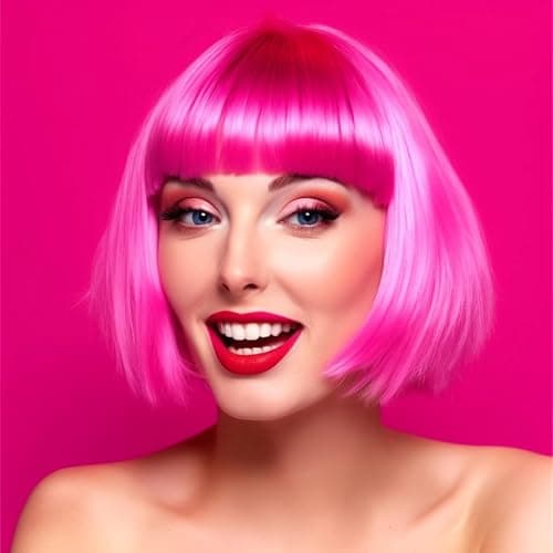 LIULIUBTY Short Bob Hair Wigs Straight with Flat Bangs Synthetic Colorful Cosplay Daily Party Neon Wig for Women + Free Wig Cap 14" Natural As Real thumbnail 7