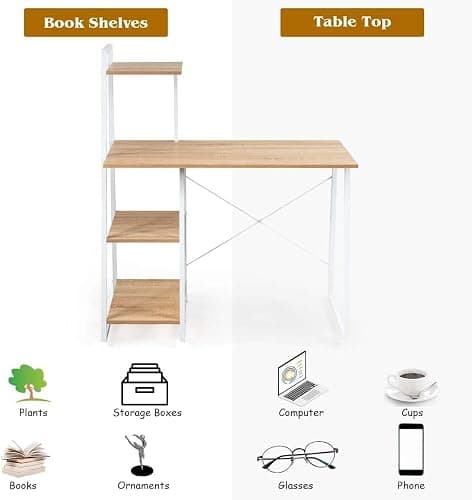 HOMION Computer Desk Home Office Table With 4-Tier Storage Shelf Pc Laptop Work Study Writing Desk For Bedroom Living Room (Natural) thumbnail 7