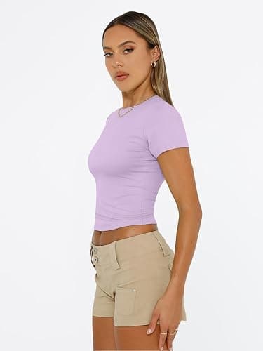 Trendy Queen Womens Short Sleeve T Shirts Summer Crop Tops Basic Slim Fit Gym Workout Y2k Clothes thumbnail 5