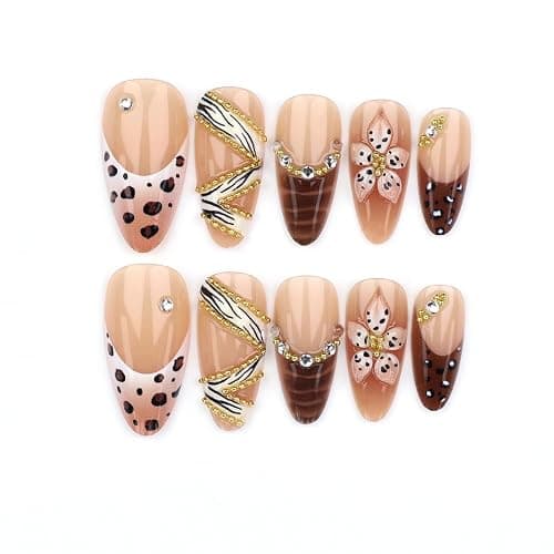 Leopard Prints French Tips Press on Nails Medium Almond Nails Press on with 5D Flower Charm Design Glossy Brown Glue on Nail Rhinestone Lines Fake Nails Fall Winter Nail for Women Manicure 24Pcs thumbnail 4