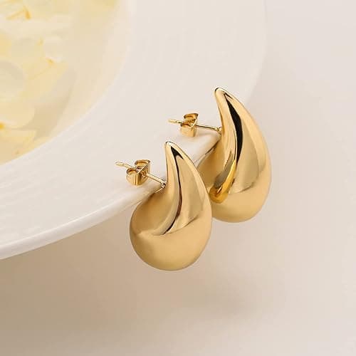 Teardrop Earrings Dupes for Women Gold Chunky Hoop Earring Dangle Earrings Water Drop Hypoallergenic Earring for Women thumbnail 2